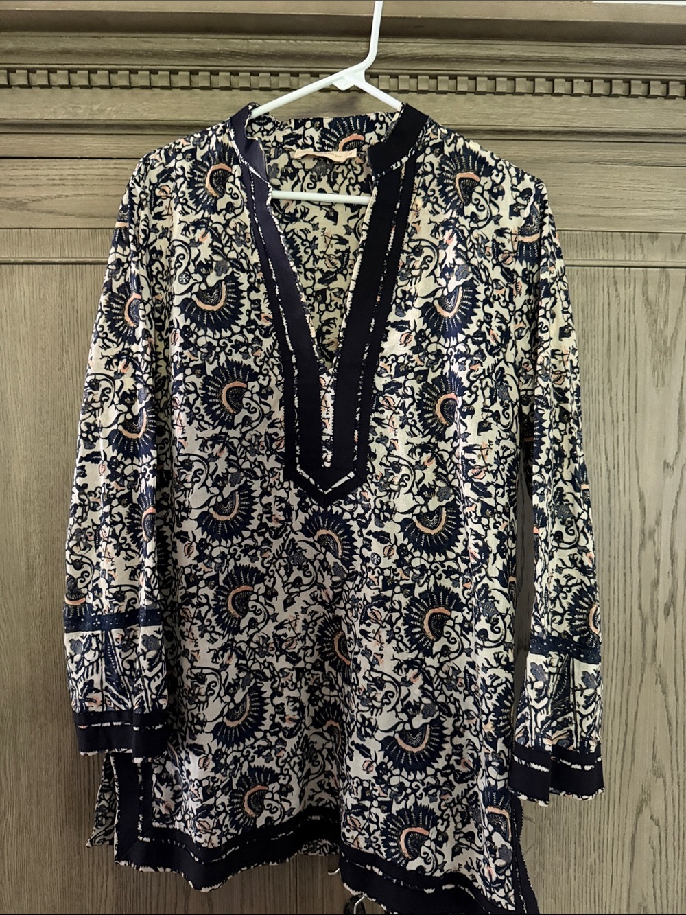 Tory Burch Navy and Cream Printed V-Neck Tunic